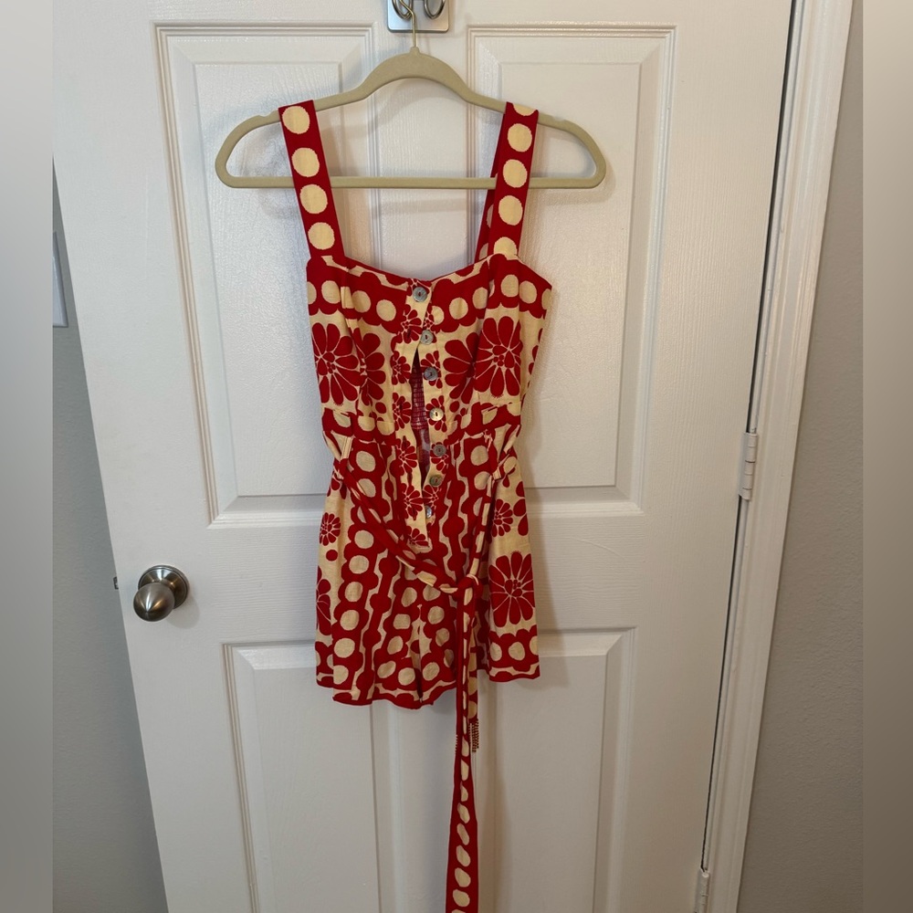 FARM Rio Red and Cream Floral & Dot Sleeveless Romper with Waist Tie